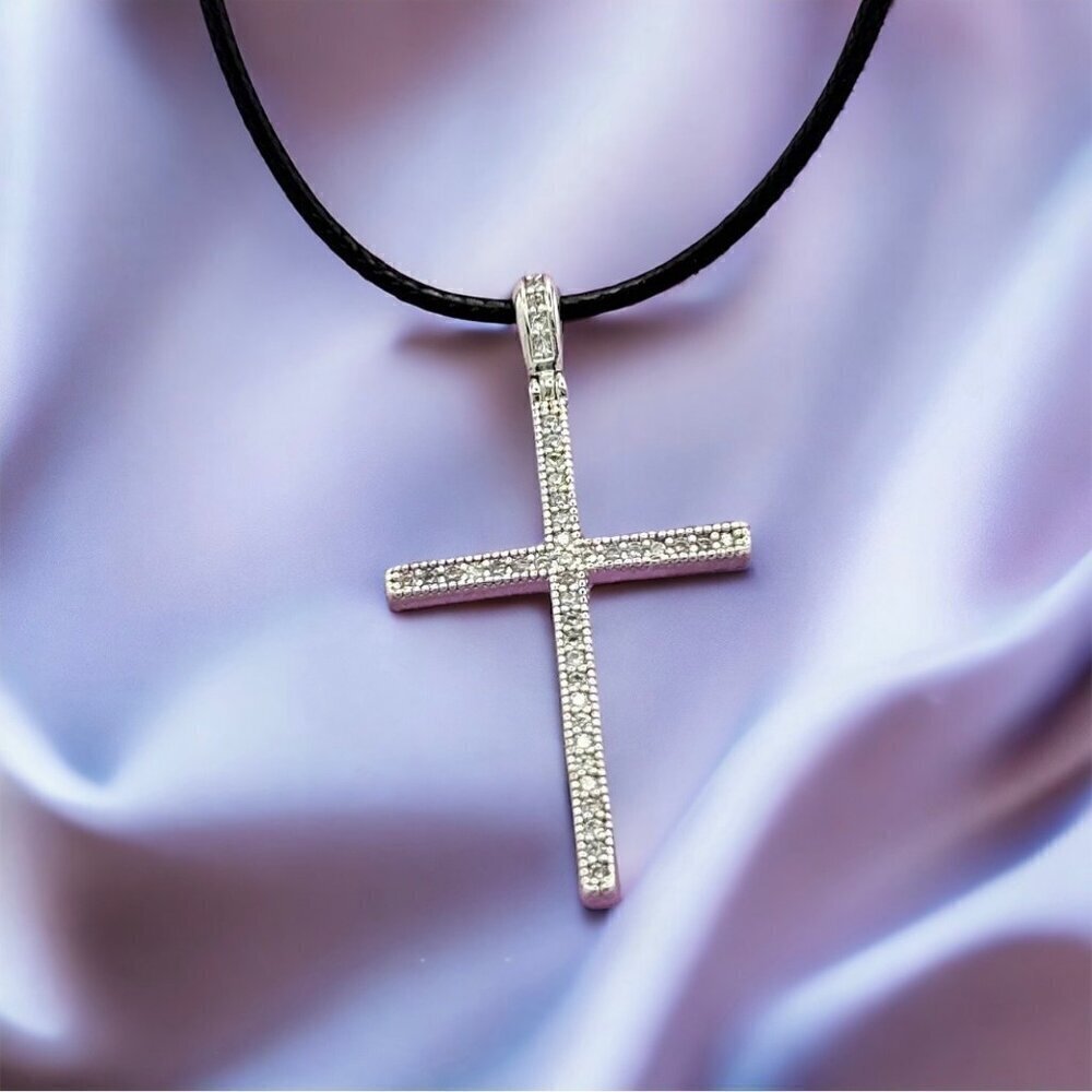 NWT Cross Pendant Necklace S925 Sterling Silver Choker Black Cord CZ Inlaid 17” - Picture 3 of 10